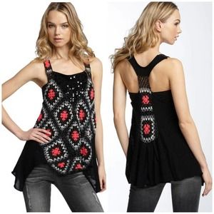Free People Crochet Square Trapeze Tank Size Medium Black Pink